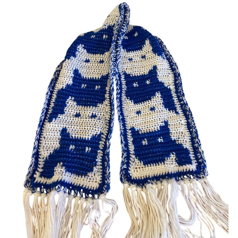 Handmade Crochet Cat Winter Scarf 62" Blue & White W/8” Fringe Ea. End &46” Body